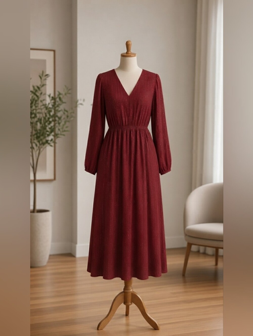 Downeast Burgundy Metallic Long Sleeve Midi Dress Size M